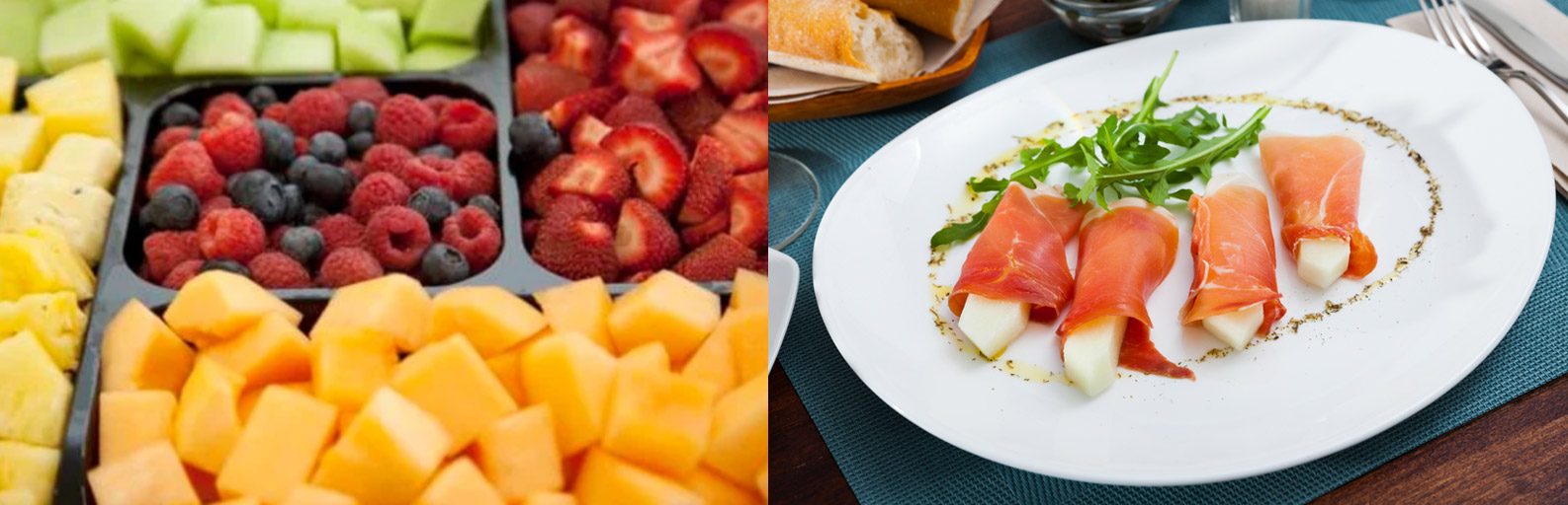 Trays of fresh-cut fruit applied in unique ways, like this prosciutto wrapped melon are sure fire hits in summer. 